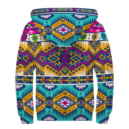 Bright Colors Aztec Pattern Print Sherpa Lined Zip Up Hoodie