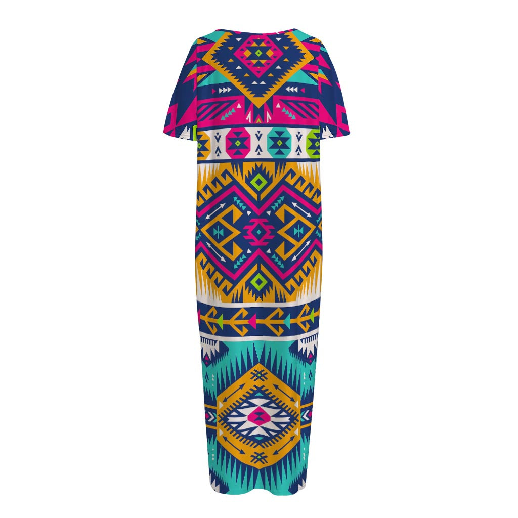 Bright Colors Aztec Pattern Print Short Sleeve Long Nightdress