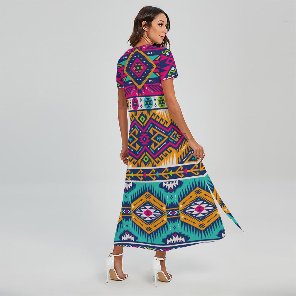 Bright Colors Aztec Pattern Print Short Sleeve Maxi Dress