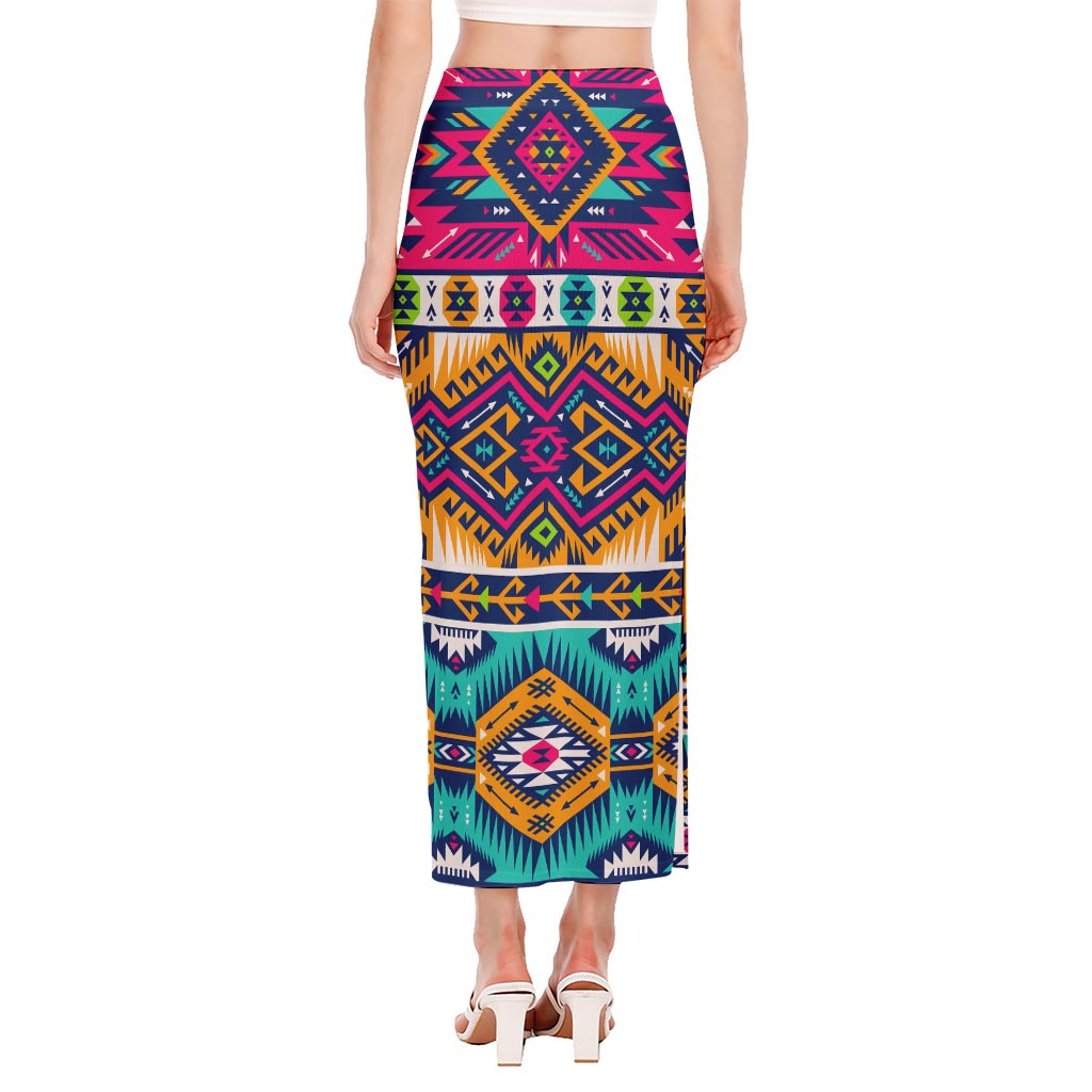 Bright Colors Aztec Pattern Print Side Slit Maxi Skirt