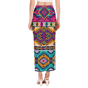 Bright Colors Aztec Pattern Print Side Slit Maxi Skirt