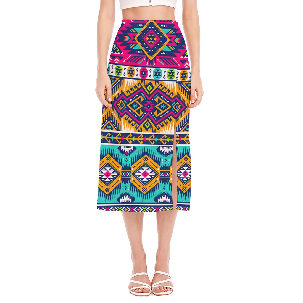 Bright Colors Aztec Pattern Print Side Slit Midi Skirt