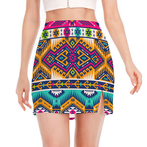 Bright Colors Aztec Pattern Print Side Slit Mini Skirt