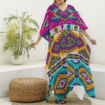 Bright Colors Aztec Pattern Print Silk V-Neck Kaftan Dress