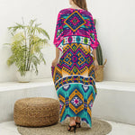 Bright Colors Aztec Pattern Print Silk V-Neck Kaftan Dress
