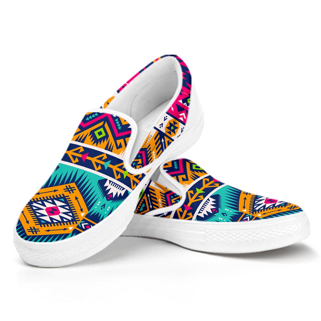 Bright Colors Aztec Pattern Print White Slip On Sneakers