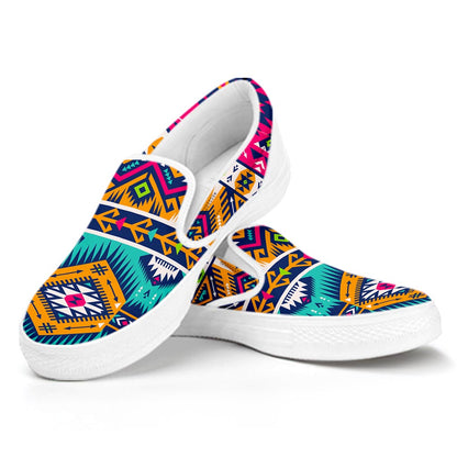 Bright Colors Aztec Pattern Print White Slip On Sneakers