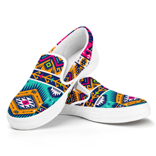 Bright Colors Aztec Pattern Print White Slip On Sneakers
