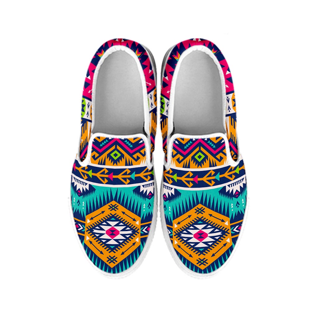 Bright Colors Aztec Pattern Print White Slip On Sneakers