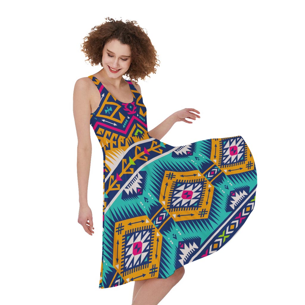 Bright Colors Aztec Pattern Print Women's Sleeveless Dress