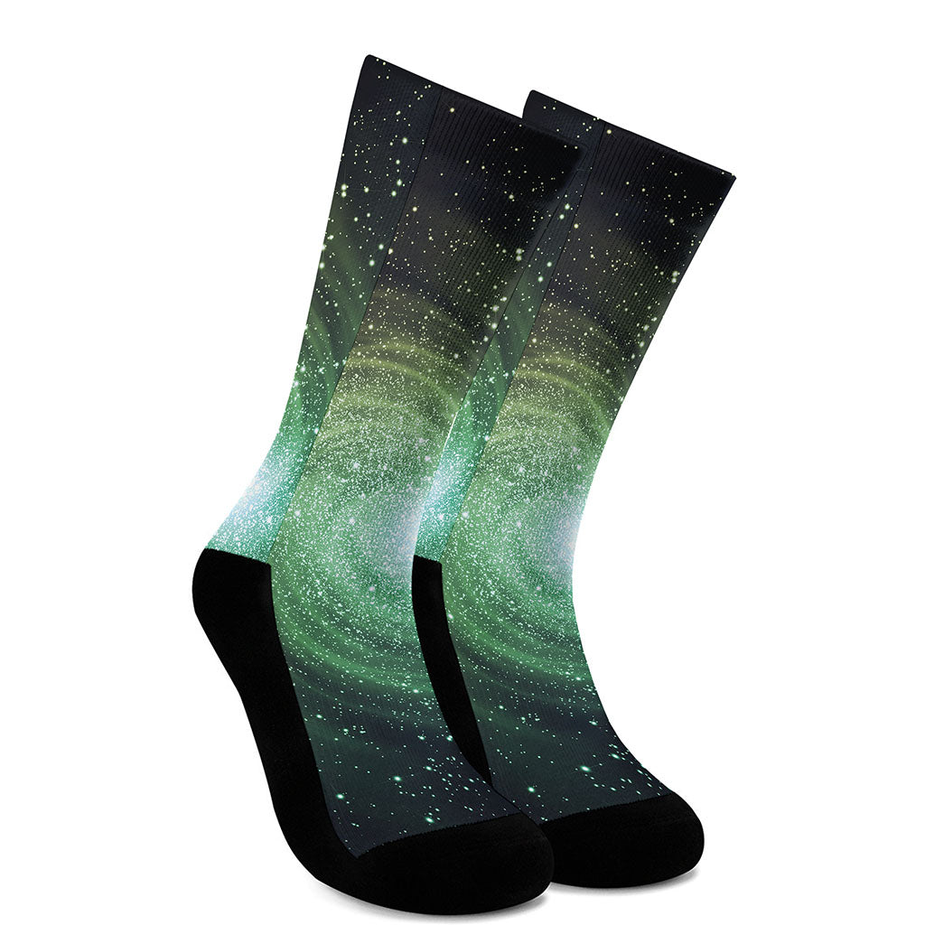 Bright Green Spiral Galaxy Space Print Crew Socks