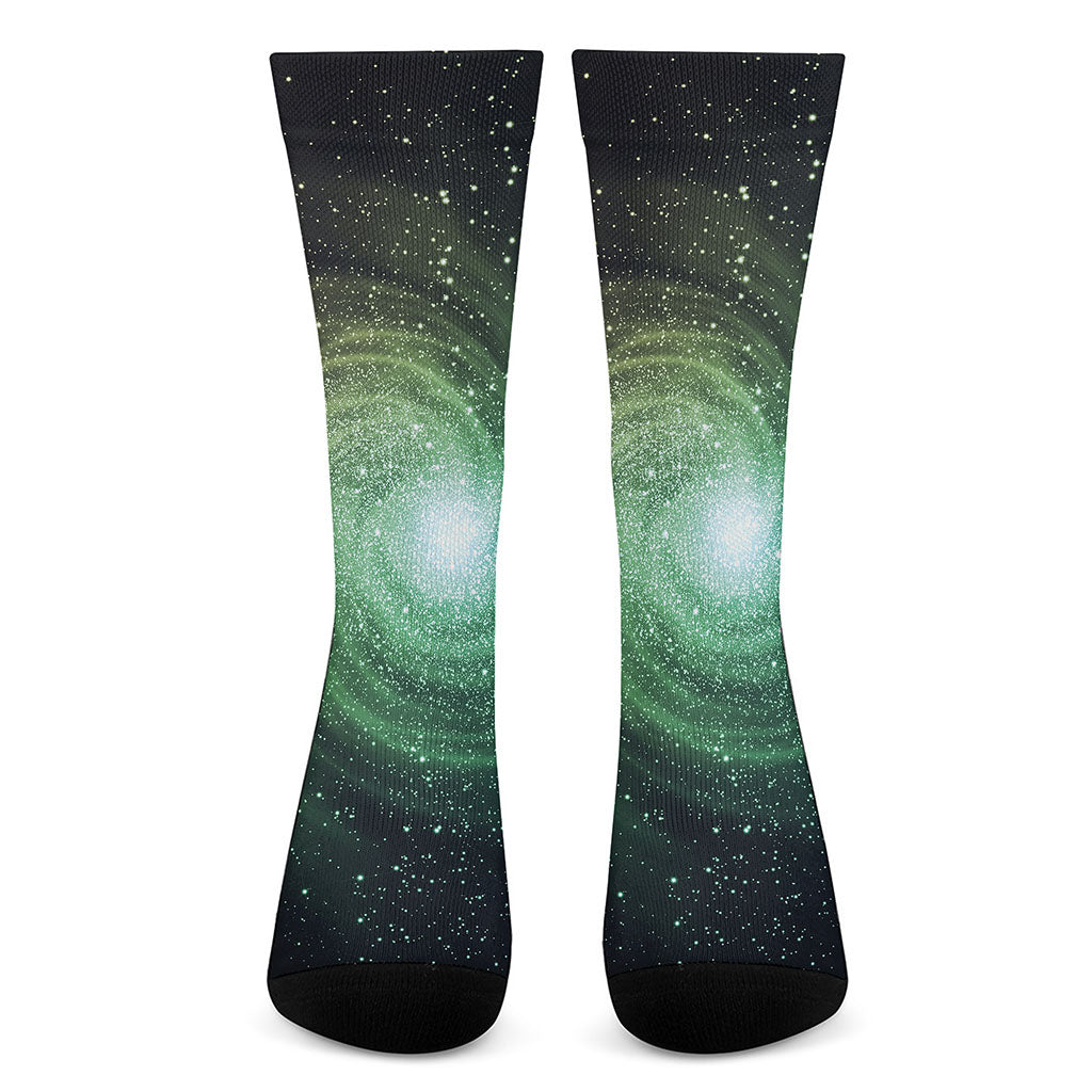 Bright Green Spiral Galaxy Space Print Crew Socks