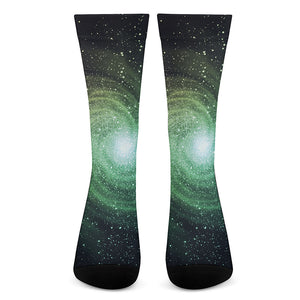 Bright Green Spiral Galaxy Space Print Crew Socks