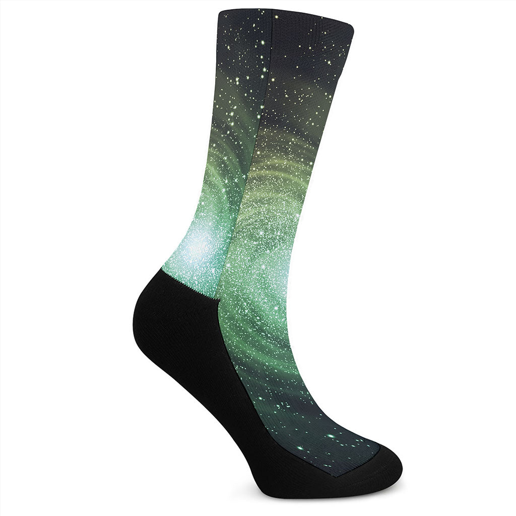 Bright Green Spiral Galaxy Space Print Crew Socks