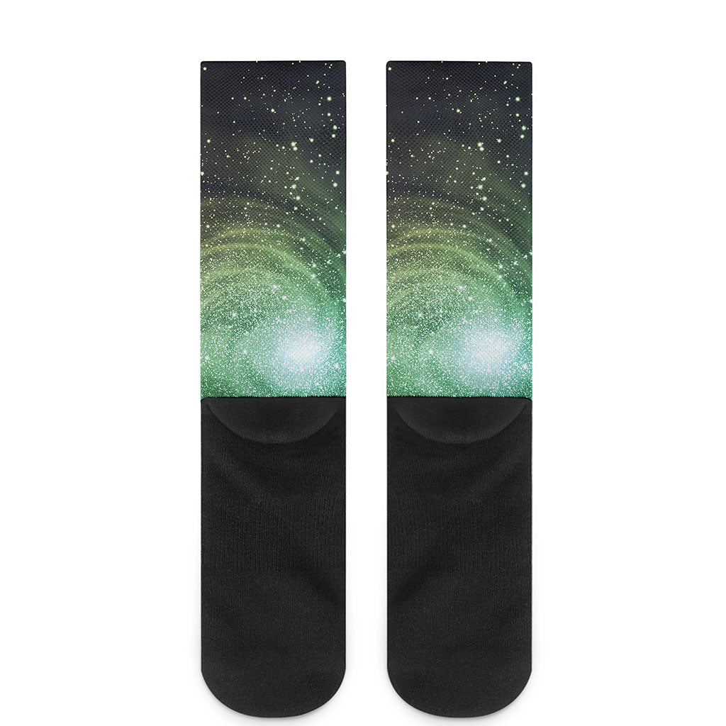 Bright Green Spiral Galaxy Space Print Crew Socks