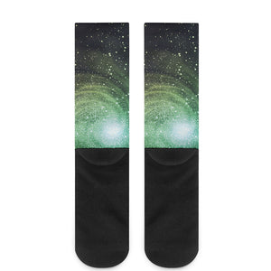 Bright Green Spiral Galaxy Space Print Crew Socks