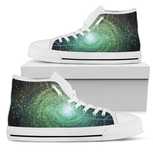 Bright Green Spiral Galaxy Space Print White High Top Sneakers