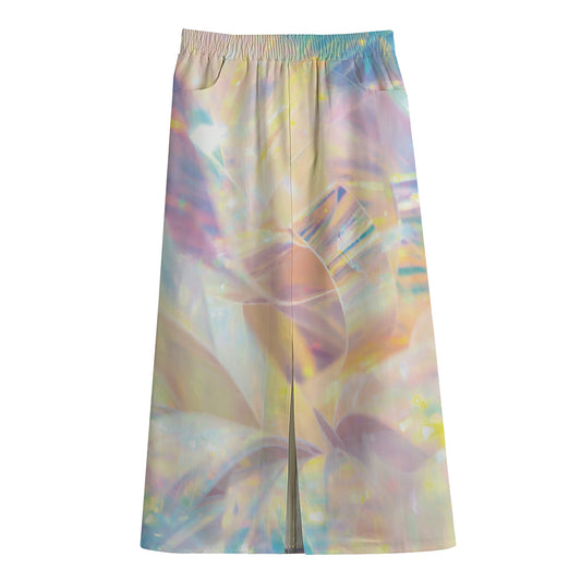 Bright Holographic Print Cotton Front Slit Maxi Skirt