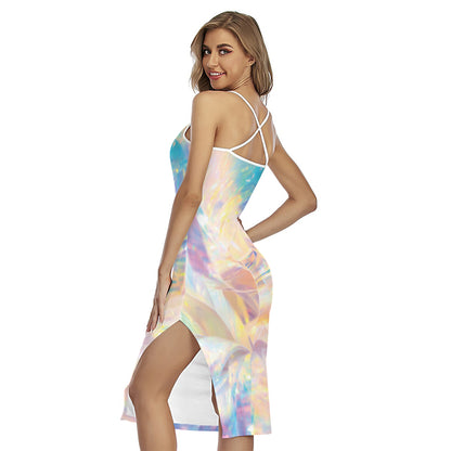 Bright Holographic Print Cross Back Cami Dress