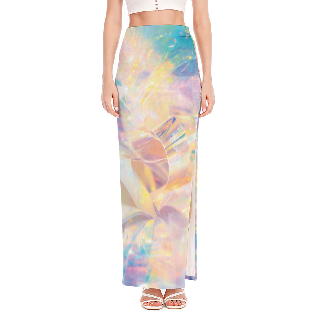 Bright Holographic Print High Slit Maxi Skirt