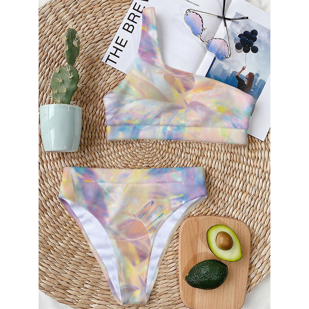 Bright Holographic Print One Shoulder Bikini Top