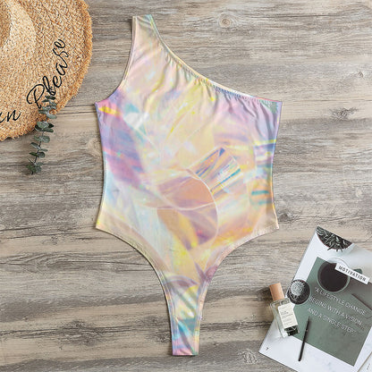 Bright Holographic Print One Shoulder Bodysuit