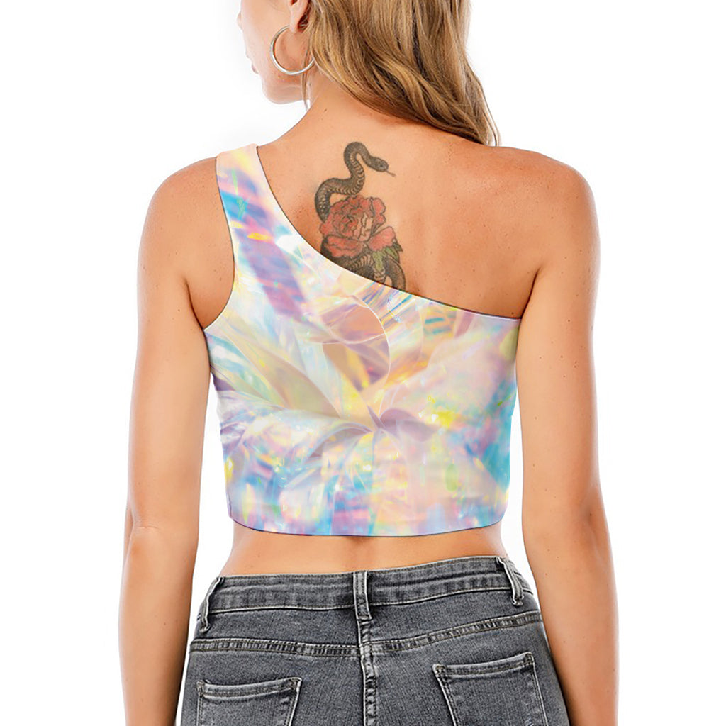Bright Holographic Print One Shoulder Crop Top
