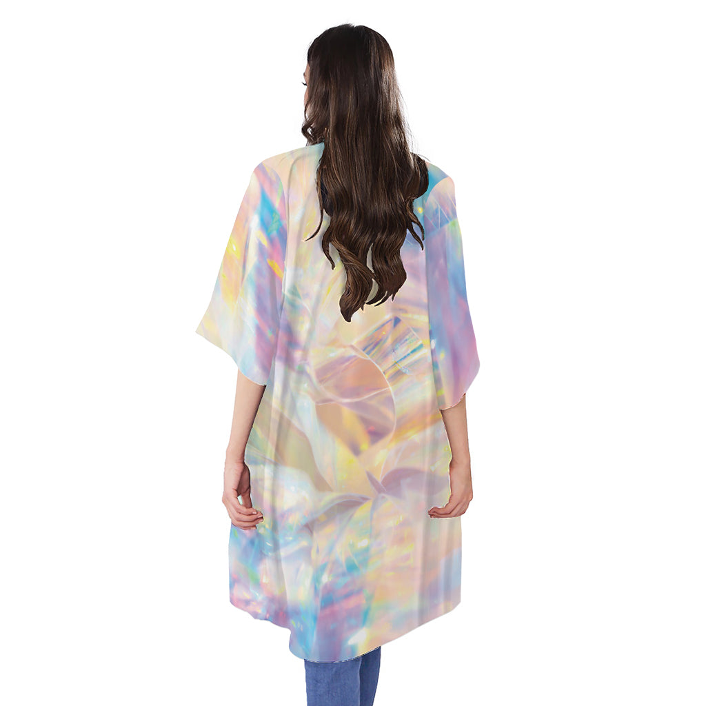 Bright Holographic Print Open Front Beach Cover Up