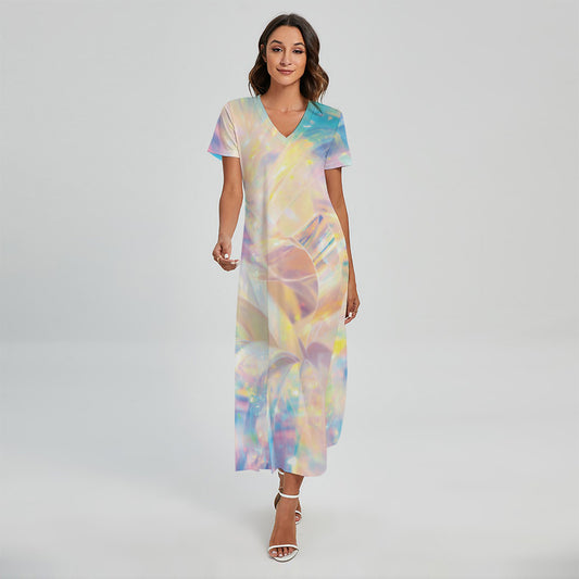 Bright Holographic Print Short Sleeve Maxi Dress