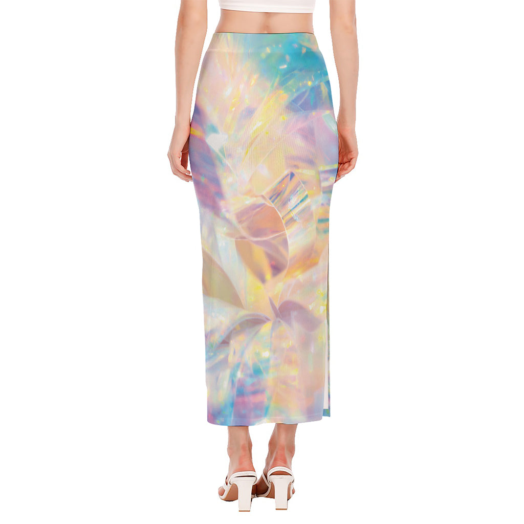 Bright Holographic Print Side Slit Maxi Skirt