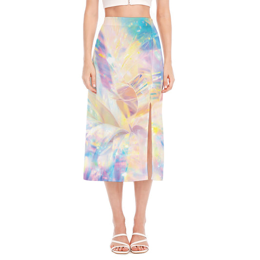 Bright Holographic Print Side Slit Midi Skirt