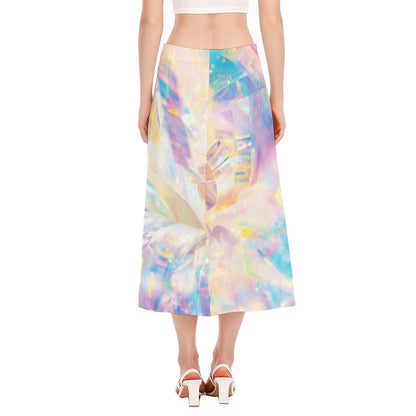 Bright Holographic Print Side Slit Midi Skirt