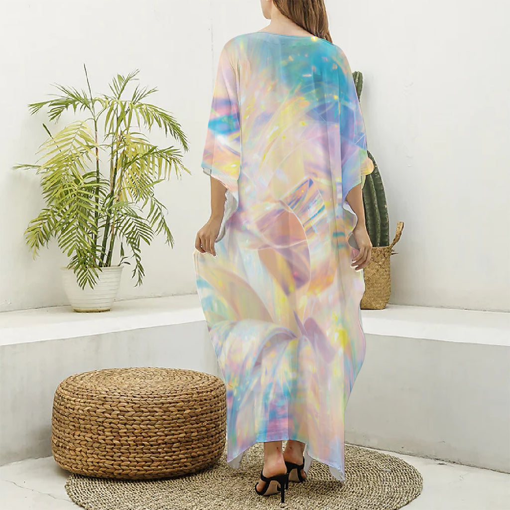 Bright Holographic Print Silk V-Neck Kaftan Dress