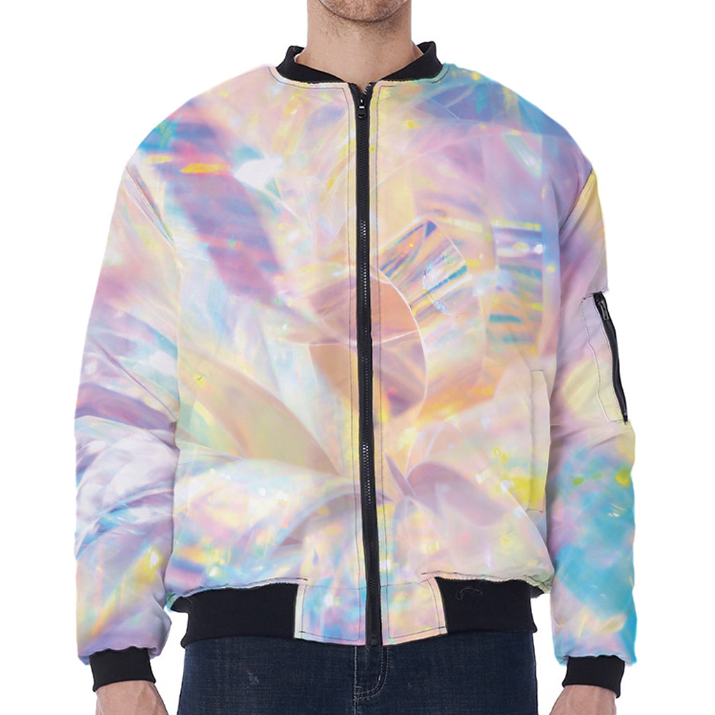 Bright Holographic Print Zip Sleeve Bomber Jacket