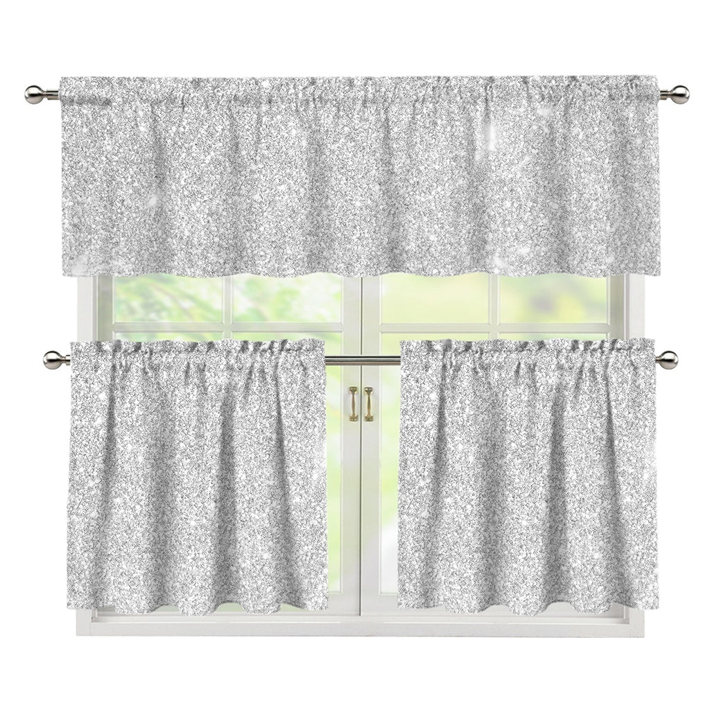 Bright Silver (NOT Real) Glitter Print 3 Piece Kitchen Curtains