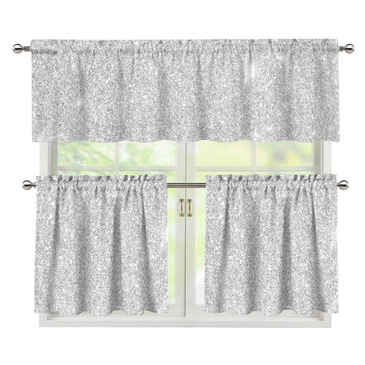 Bright Silver (NOT Real) Glitter Print 3 Piece Kitchen Curtains
