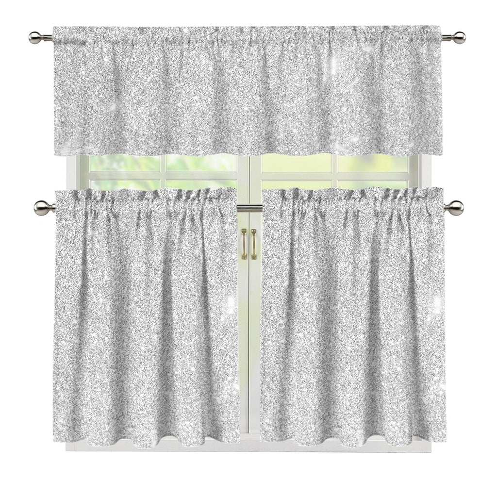 Bright Silver (NOT Real) Glitter Print 3 Piece Kitchen Curtains