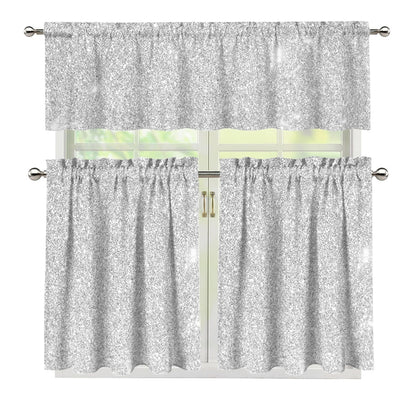 Bright Silver (NOT Real) Glitter Print 3 Piece Kitchen Curtains