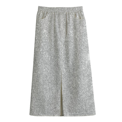 Bright Silver (NOT Real) Glitter Print Cotton Front Slit Maxi Skirt