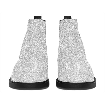 Bright Silver (NOT Real) Glitter Print Flat Ankle Boots