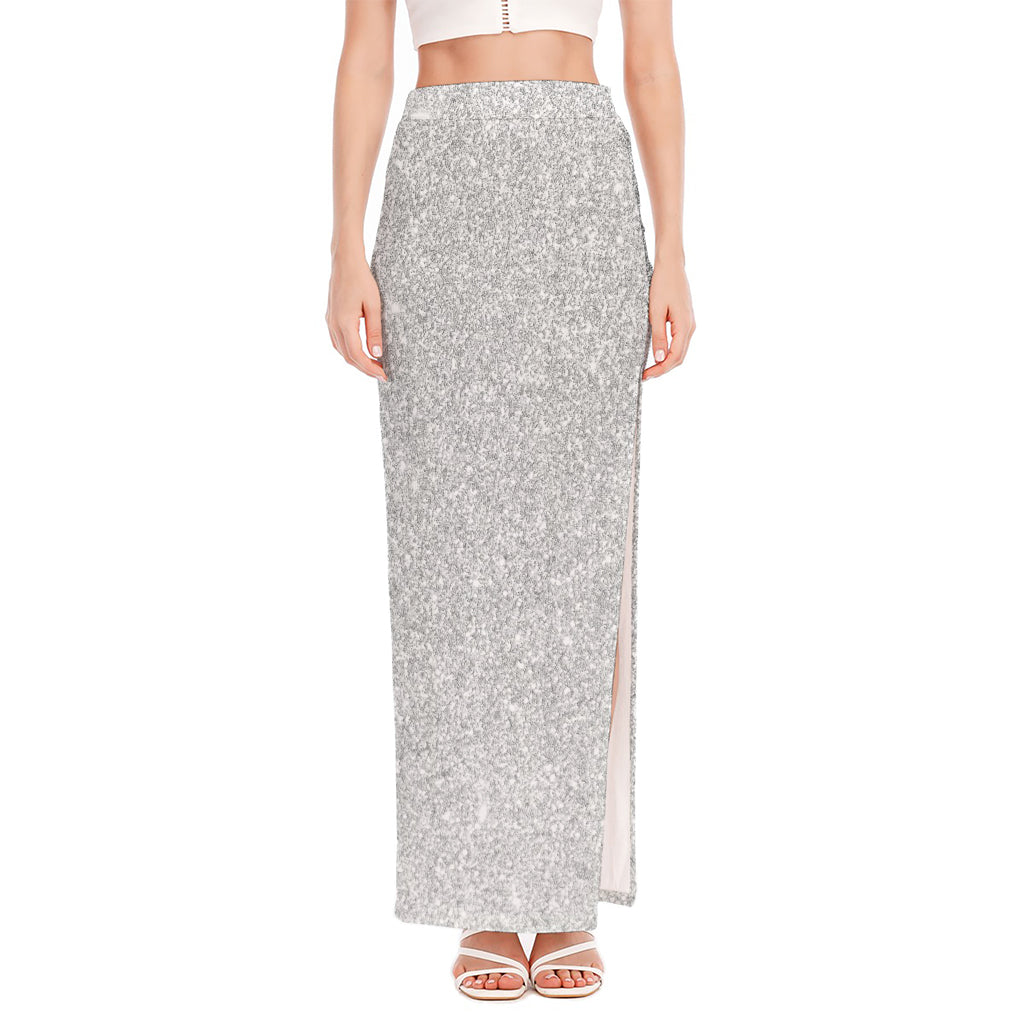 Bright Silver (NOT Real) Glitter Print High Slit Maxi Skirt