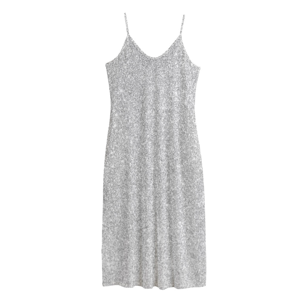 Bright Silver (NOT Real) Glitter Print Jersey Midi Cami Dress