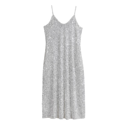Bright Silver (NOT Real) Glitter Print Jersey Midi Cami Dress