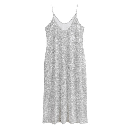 Bright Silver (NOT Real) Glitter Print Jersey Midi Cami Dress