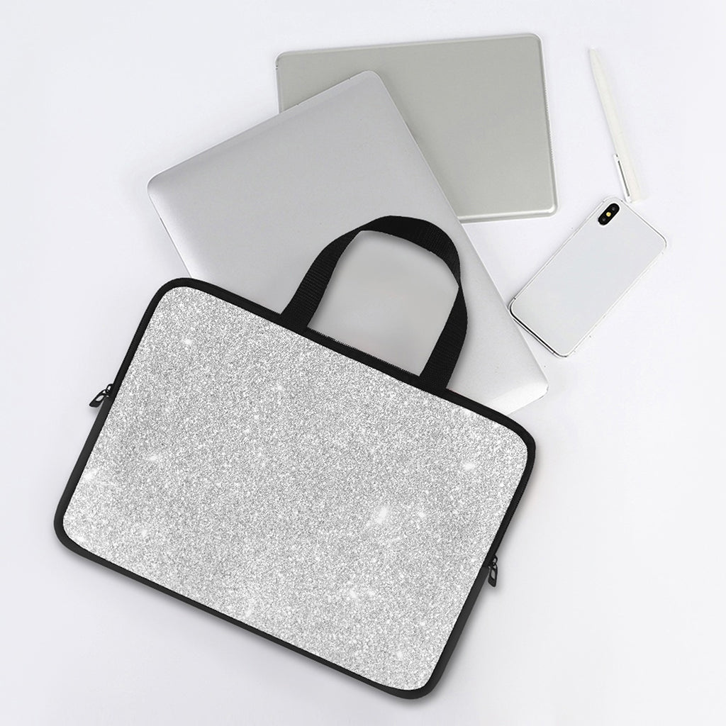 Bright Silver (NOT Real) Glitter Print Laptop Sleeve With Handle