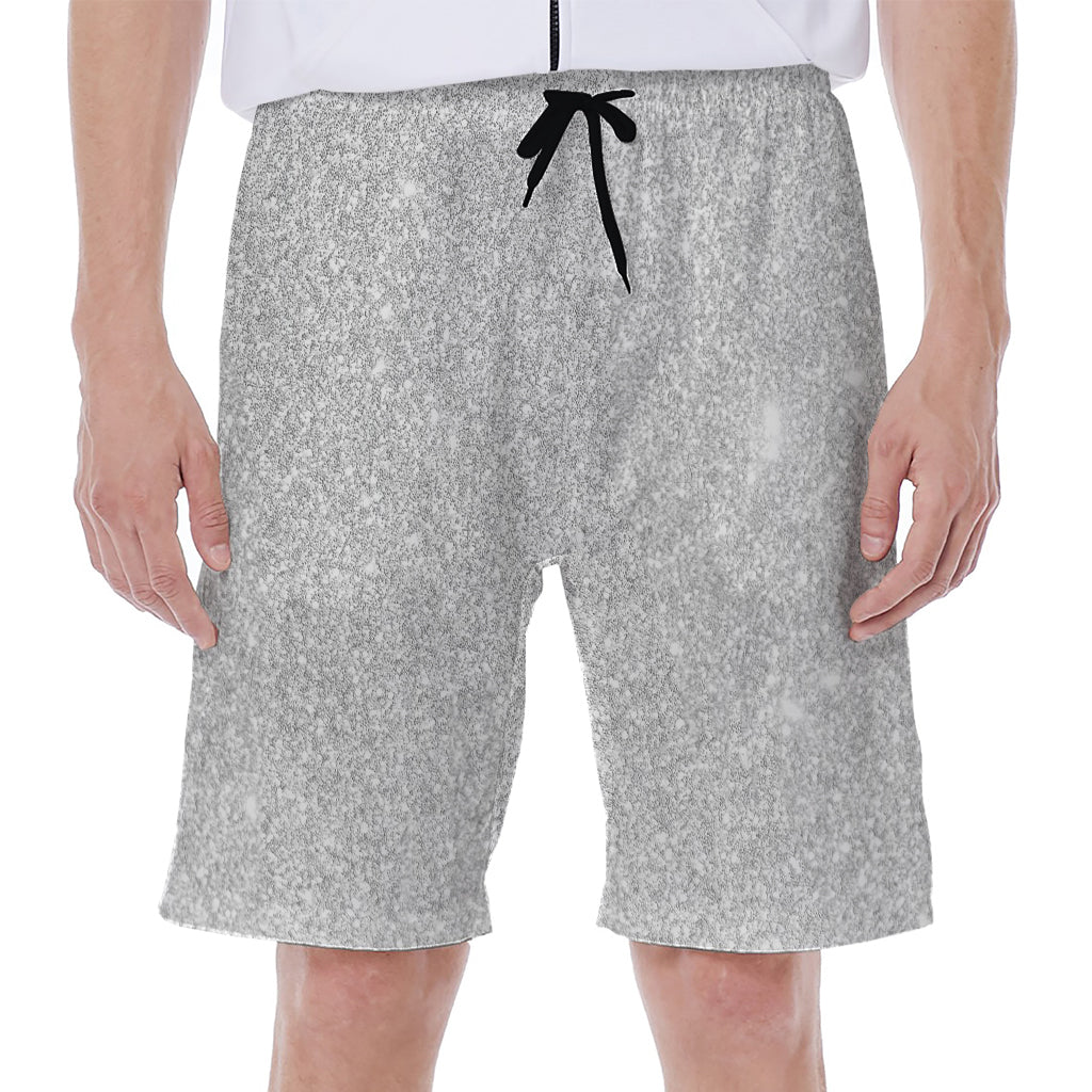 Bright Silver (NOT Real) Glitter Print Men's Beach Shorts