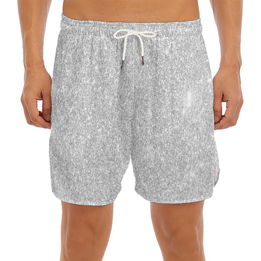 Bright Silver (NOT Real) Glitter Print Men's Split Running Shorts