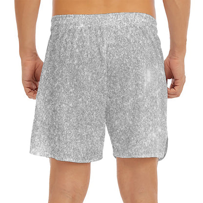 Bright Silver (NOT Real) Glitter Print Men's Split Running Shorts