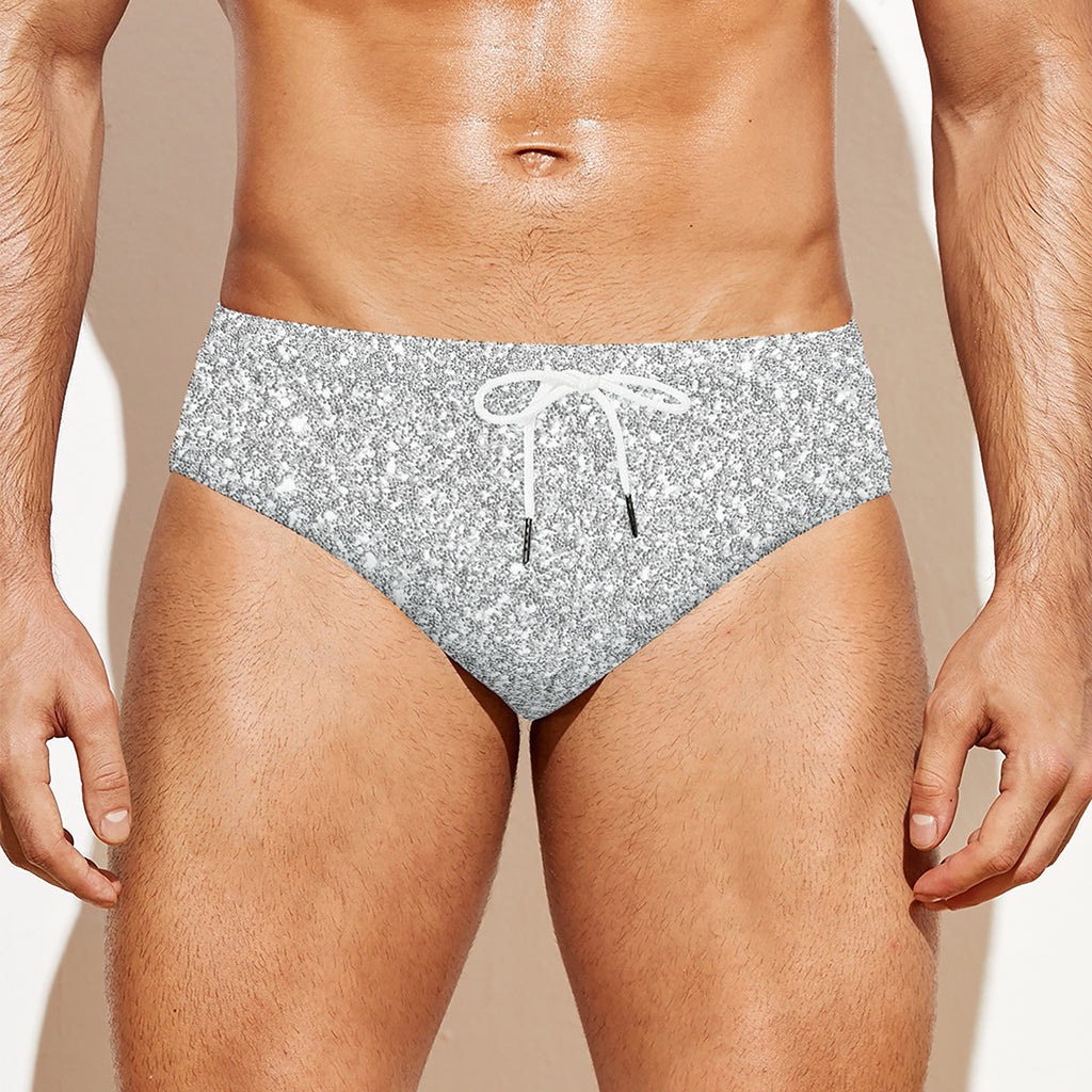 Bright Silver (NOT Real) Glitter Print Men's Swim Briefs