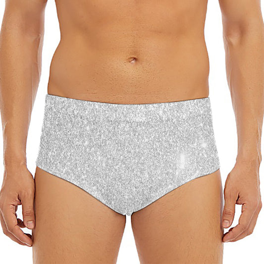Bright Silver (NOT Real) Glitter Print Men's Triangle Swim Briefs